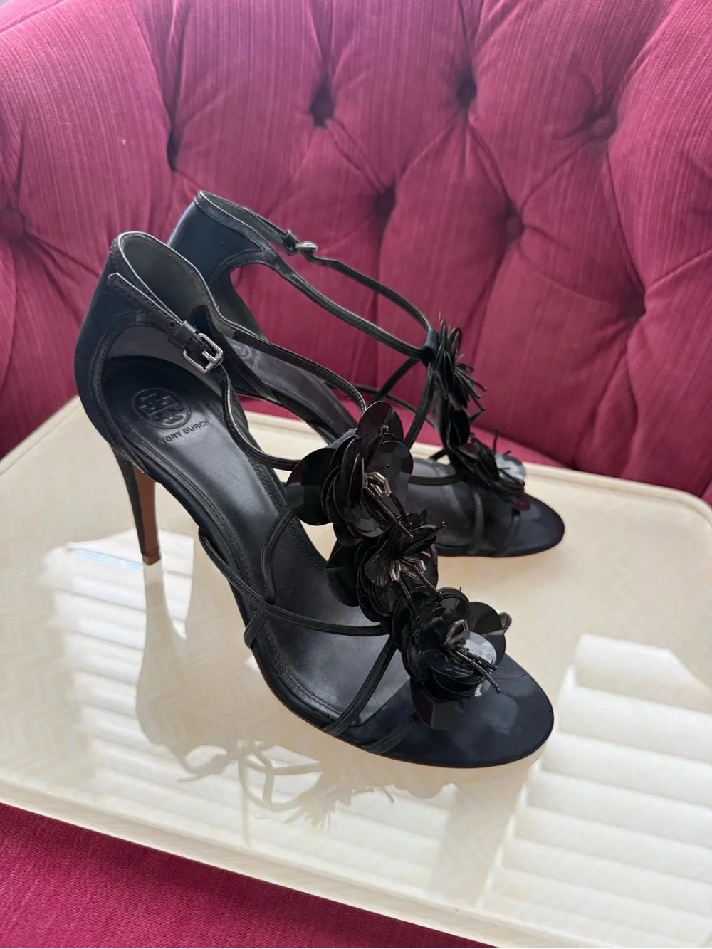 Tory Burch Black Strappy Floral Embellished High Heel Sandals